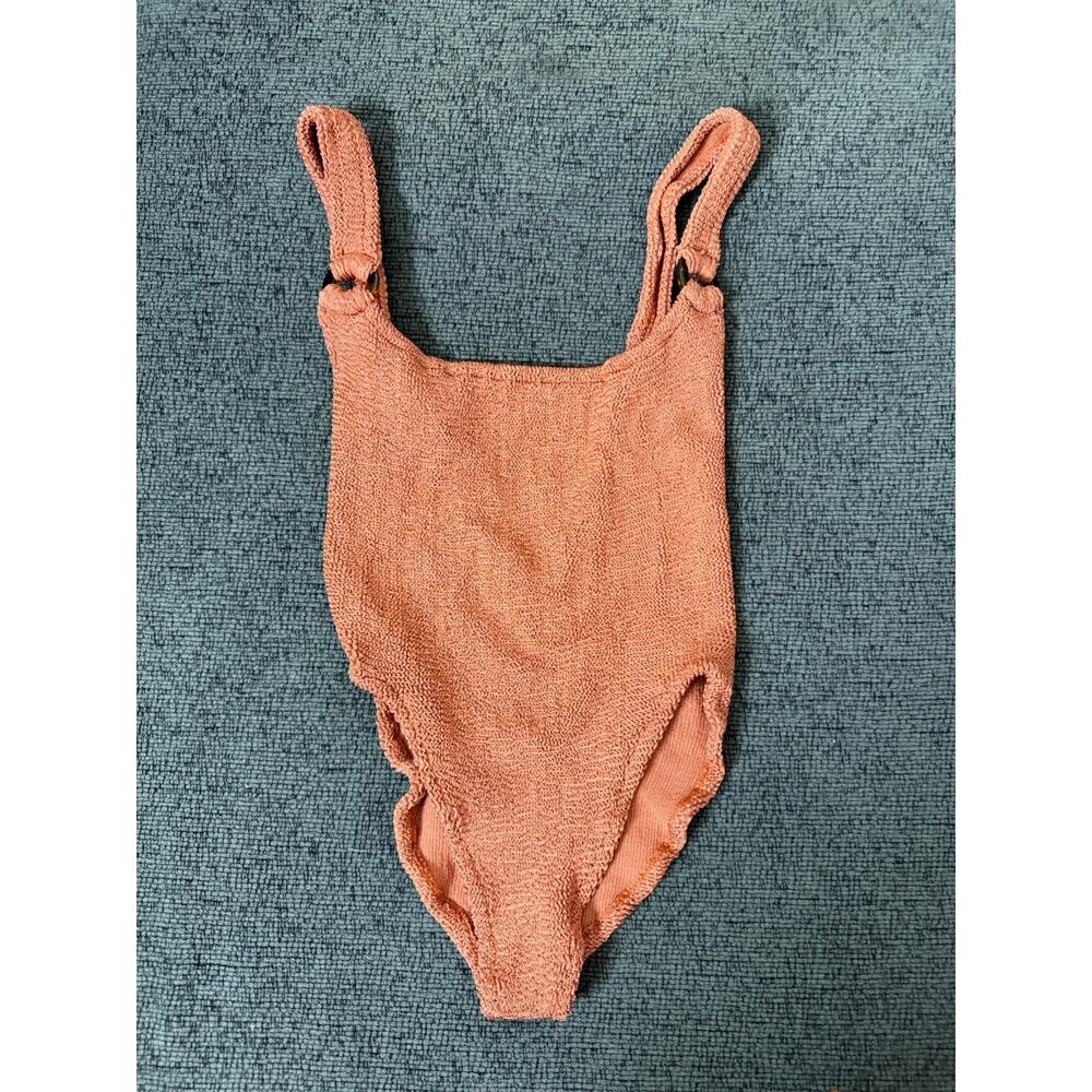 Hunza G Domino Orange Crinkle One Piece Swimsuit Tortoiseshell Ring One Size
